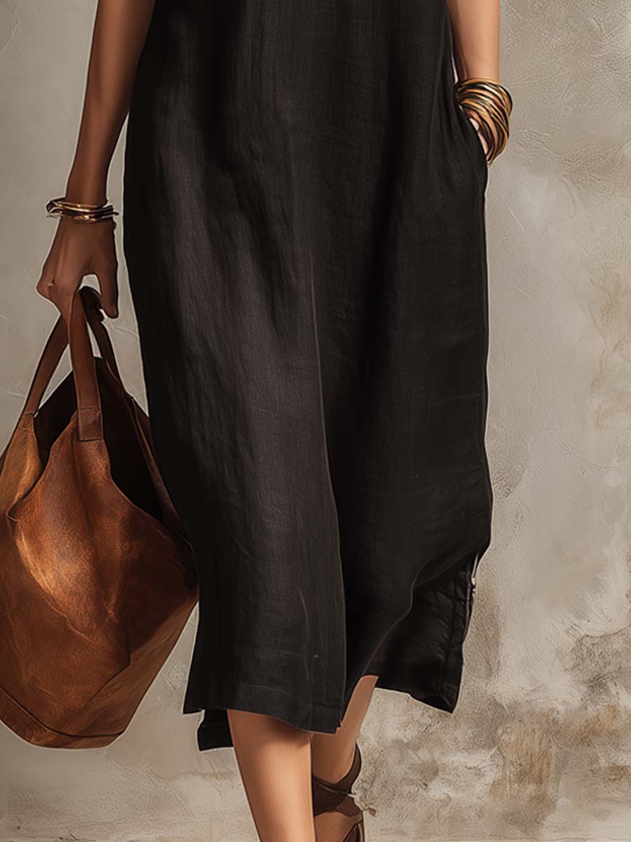 VESTIDO MIDI DE ALGODÓN Y LINO CON ESCOTE EN V - VALERINA MARBELLA