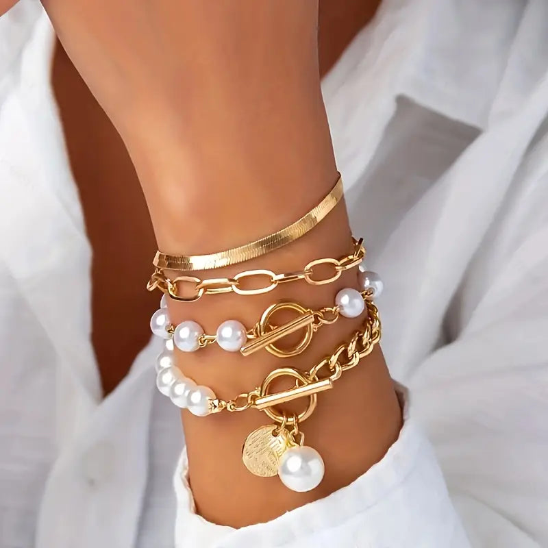 CONJUNTO CHIC ORO 4-PIEZA PULSERA - SERPIENTE, PERLES & MAILLONS | ORO