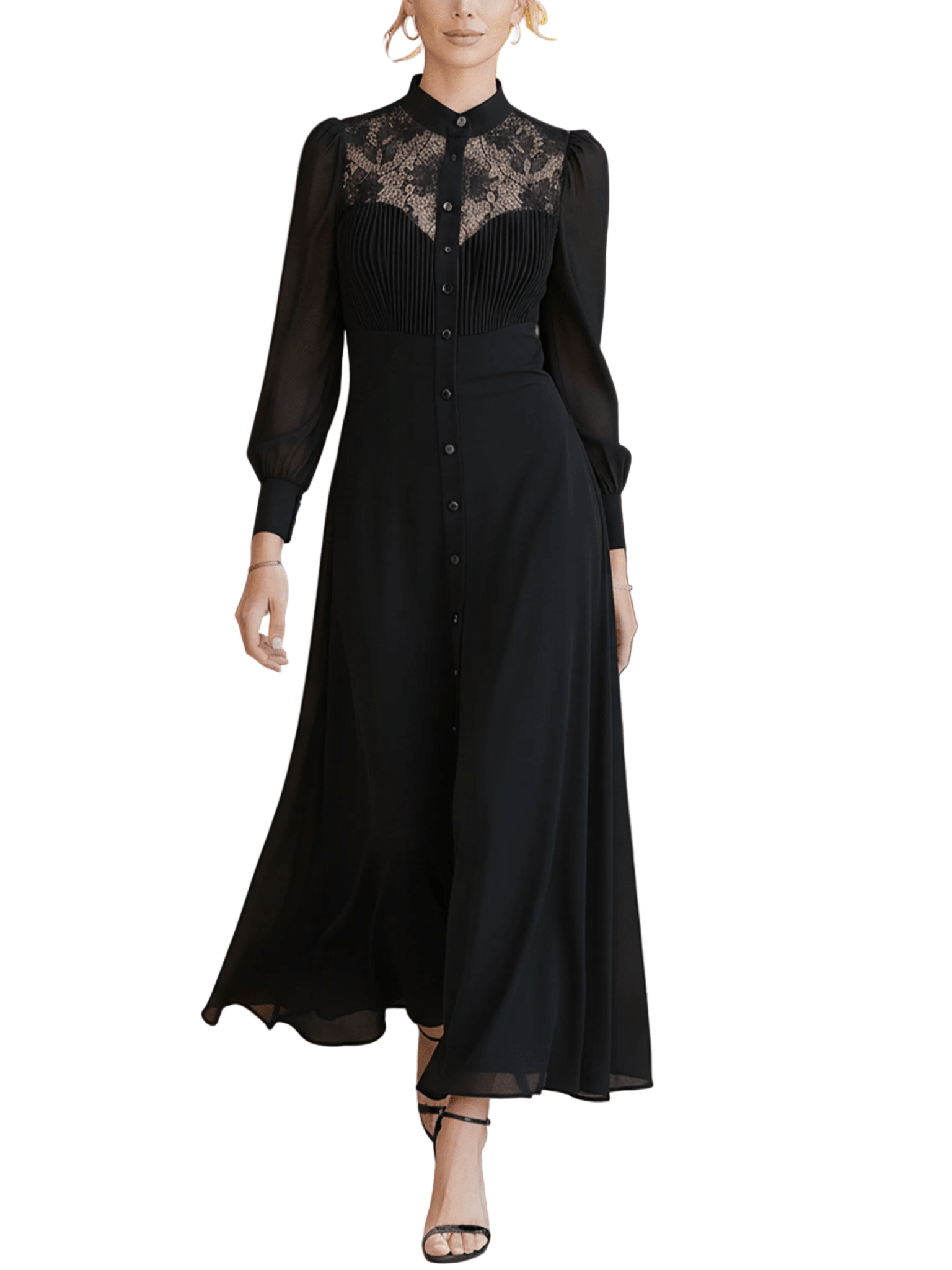 VESTIDO LARGO NEGRO CON BOTONES FRONTALES - VALERINA MARBELLA