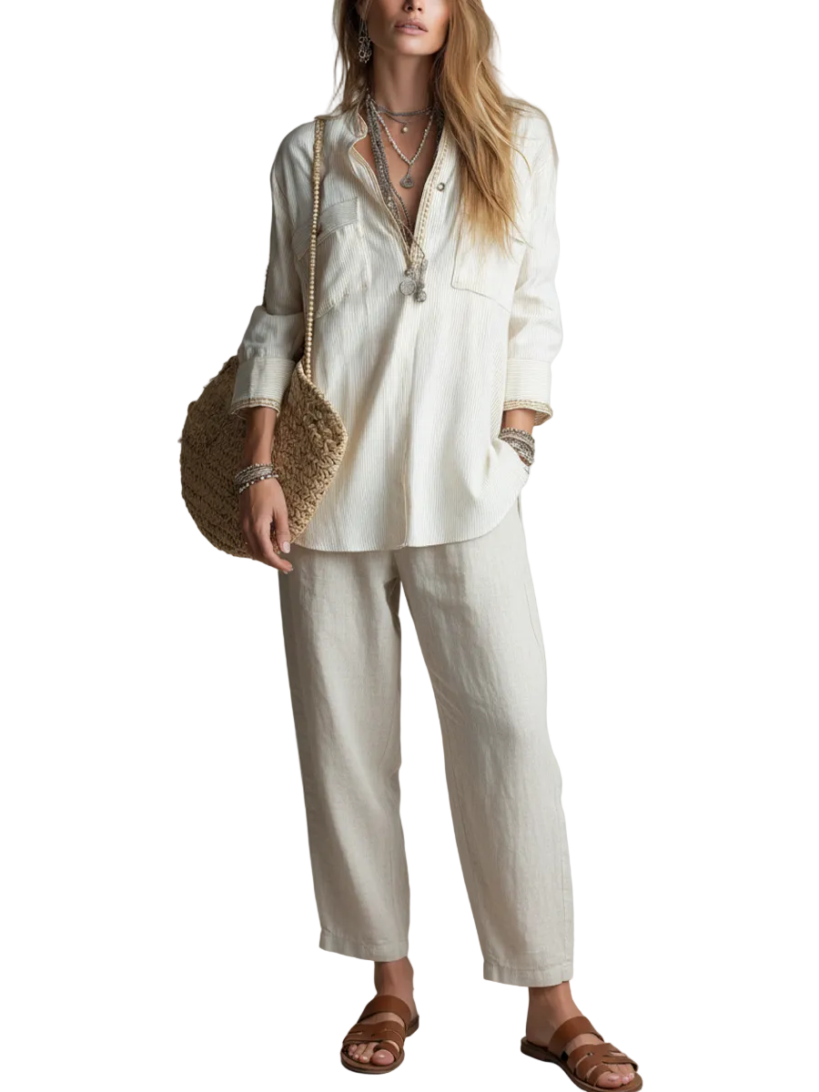Casual Off-white Linen Shirt And Straight-leg Trousers Set.