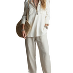 Casual Off-white Linen Shirt And Straight-leg Trousers Set.