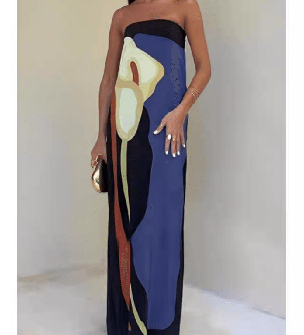 VESTIDO MAXI ESTAMPADO PALABRA DE HONOR CON BLOQUES DE COLOR