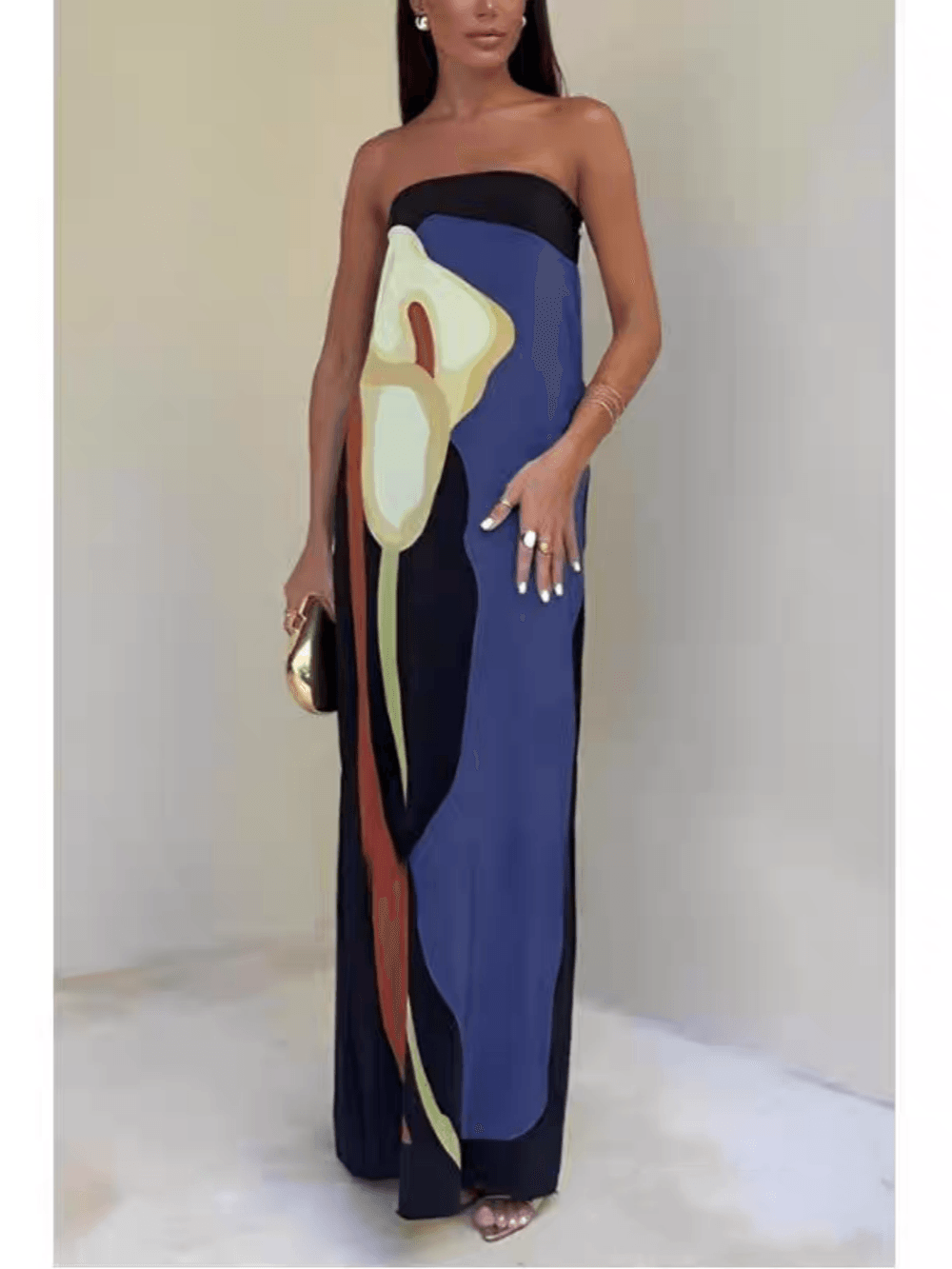 VESTIDO MAXI ESTAMPADO PALABRA DE HONOR CON BLOQUES DE COLOR