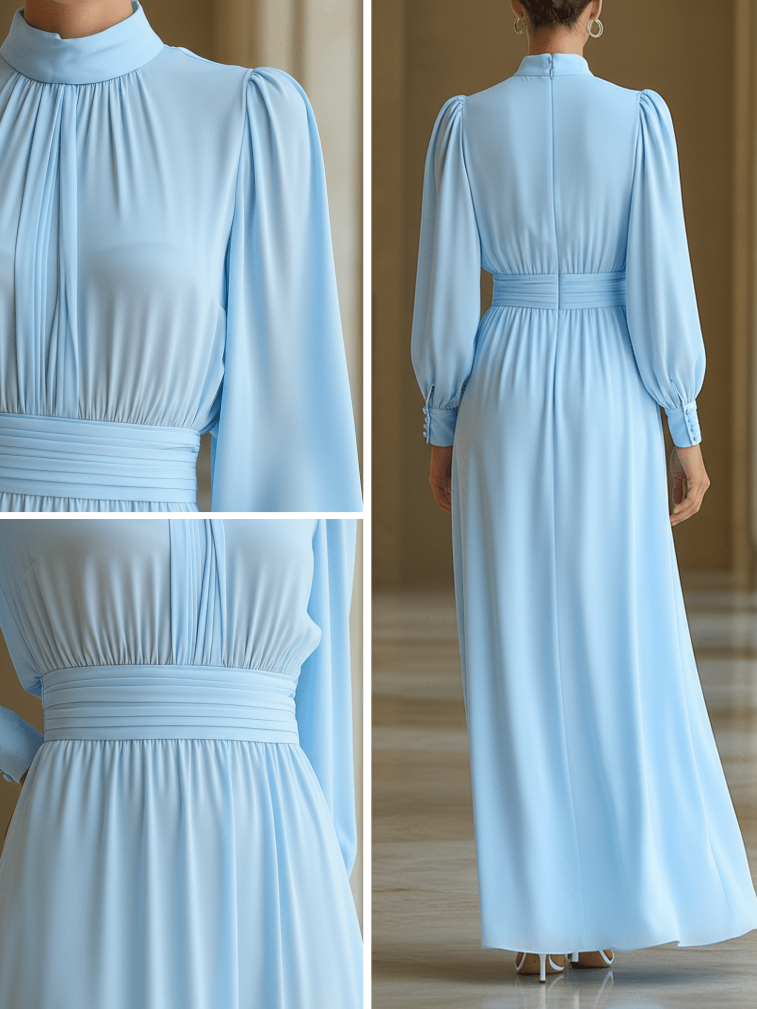 VESTIDO LARGO AZUL CIELO PLISADO CON CUELLO ALTO Y CINTURA FRUNCIDA - VALERINA MARBELLA