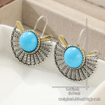 PENDIENTES BOHEMIO TURQUESA PLAQUÉ ORO ÉVENTAIL FORME AJOURÉ CROCHET