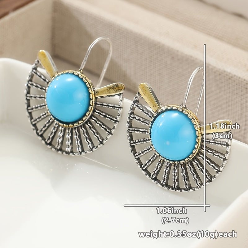 PENDIENTES BOHEMIO TURQUESA PLAQUÉ ORO ÉVENTAIL FORME AJOURÉ CROCHET