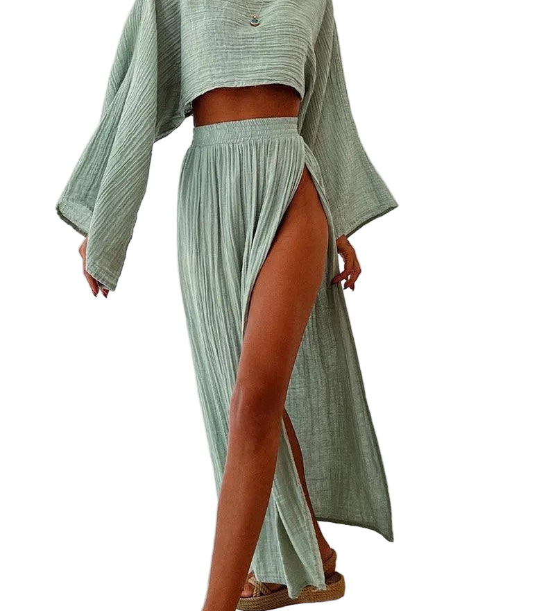 Conjunto casual de duas peças em algodão e linho com fenda elegante.