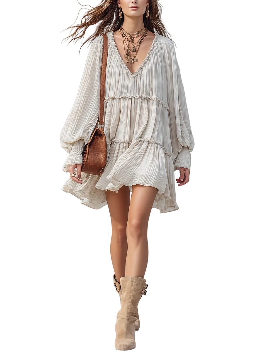 Bohemian-style Off-white Mini Dress With Puff Sleeves