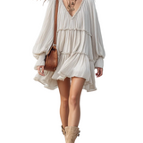 Bohemian-style Off-white Mini Dress With Puff Sleeves