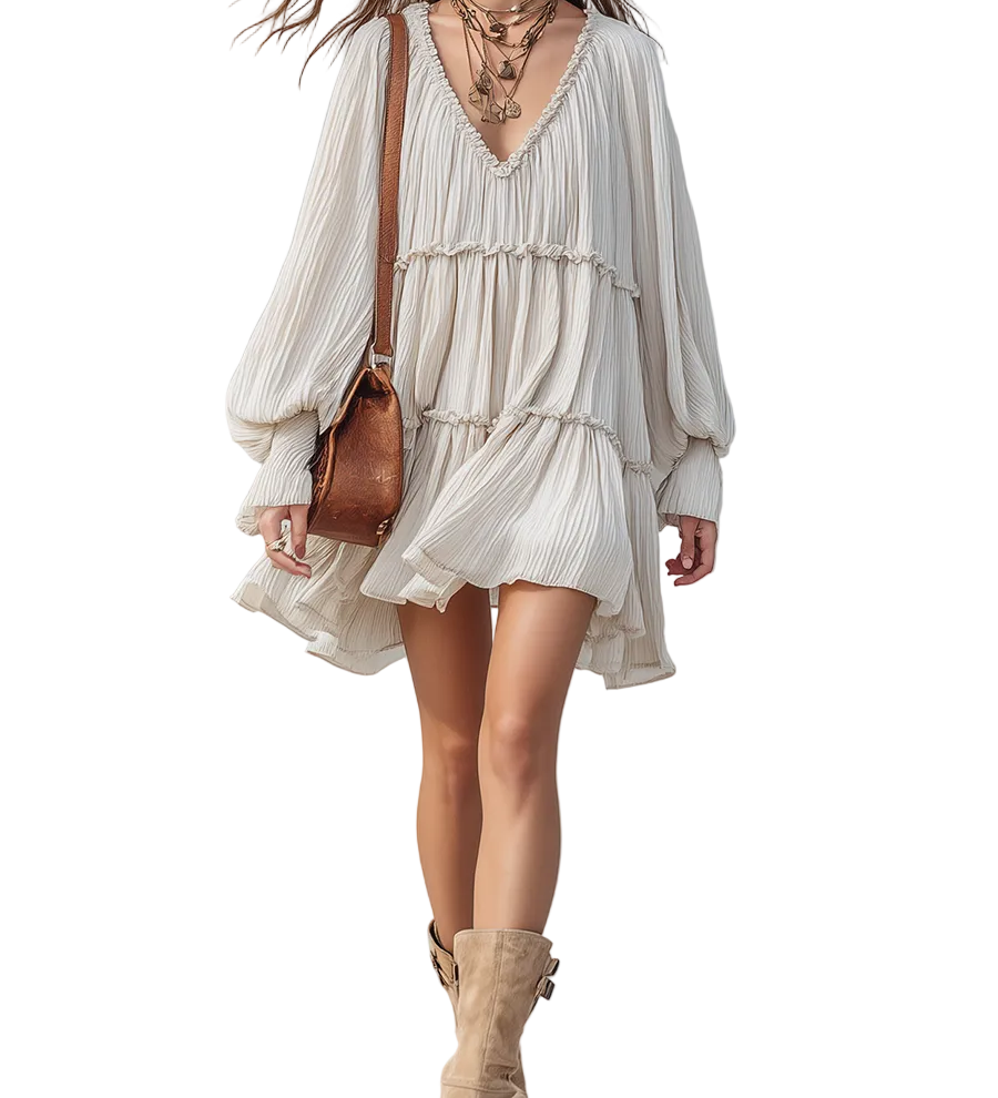 Bohemian-style Off-white Mini Dress With Puff Sleeves