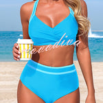 Stylish Color-blocked Striped High-waisted Two-piece Stretch Bikini Swimsuit