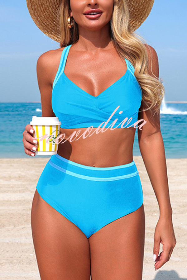 Stylish Color-blocked Striped High-waisted Two-piece Stretch Bikini Swimsuit