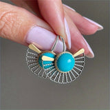 PENDIENTES BOHEMIO TURQUESA PLAQUÉ ORO ÉVENTAIL FORME AJOURÉ CROCHET