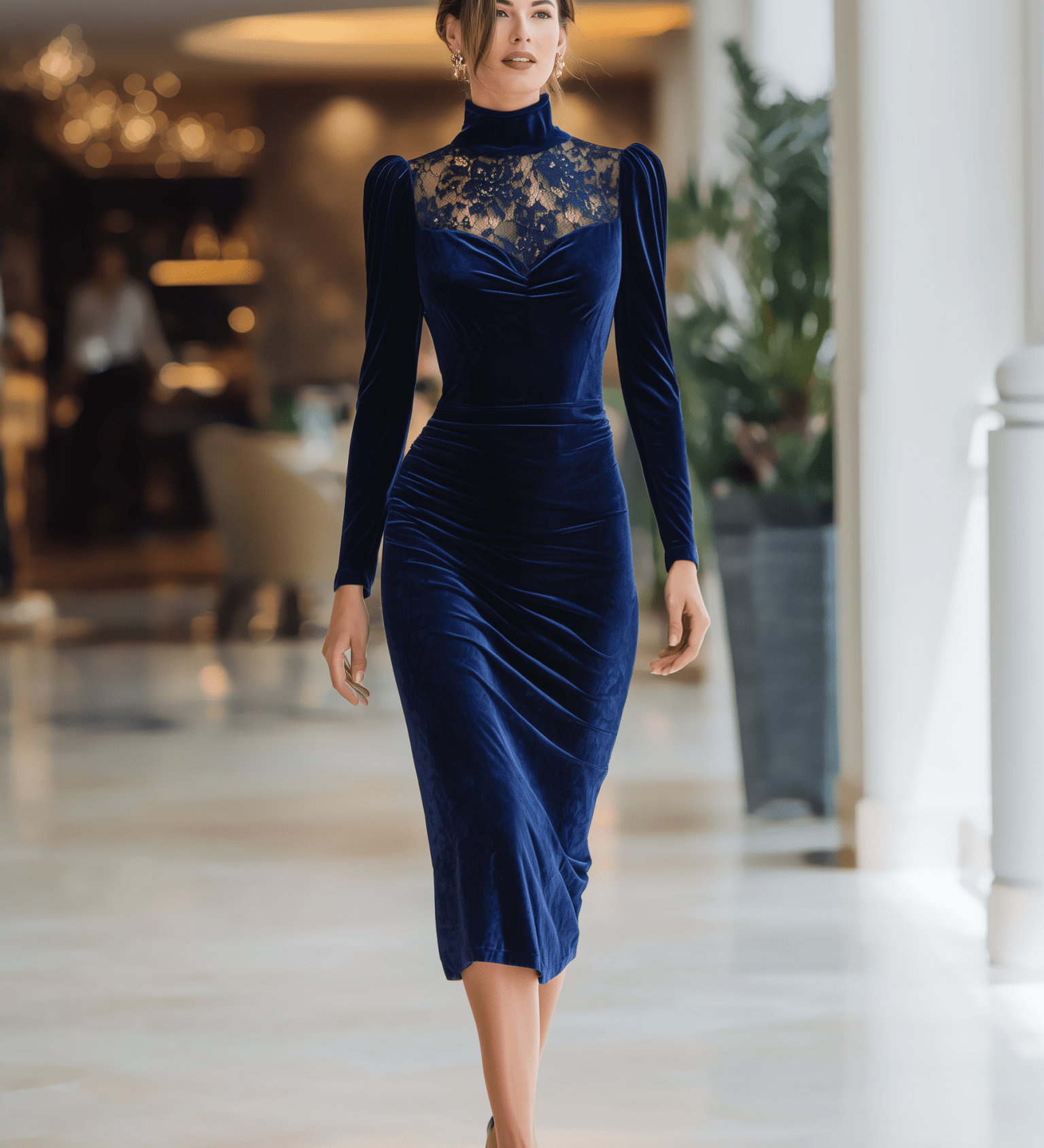 VESTIDO LARGO DE TERCIOPELO AZUL MARINO CON CUELLO ALTO Y ENCAJE - VALERINA MARBELLA