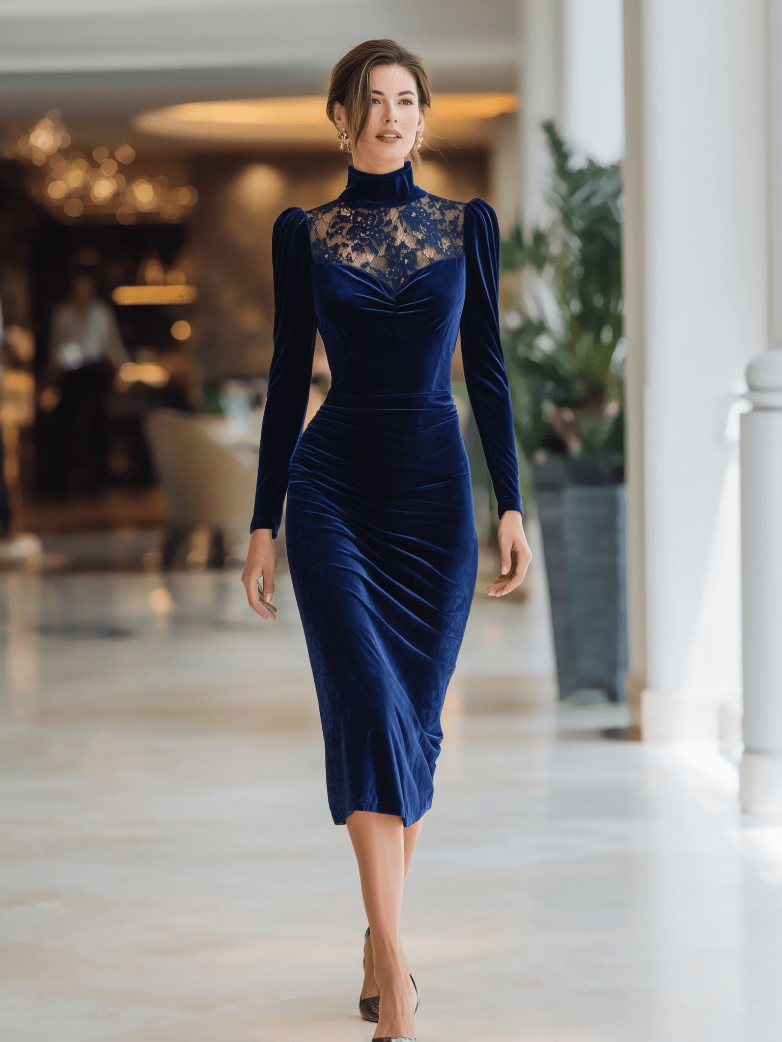 VESTIDO LARGO DE TERCIOPELO AZUL MARINO CON CUELLO ALTO Y ENCAJE - VALERINA MARBELLA