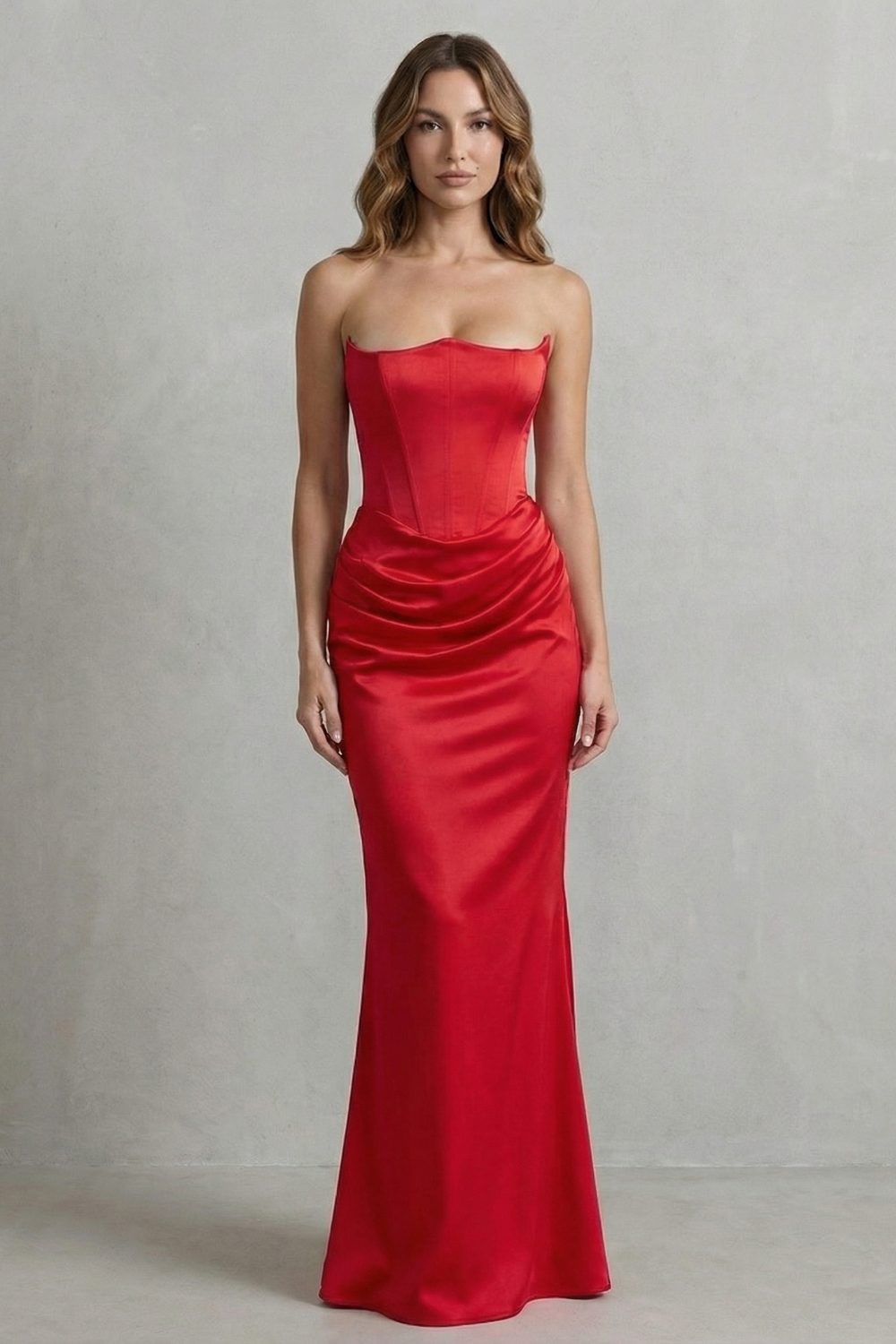 Evelisse – Sculpted satin drape – Strapless corset maxi dress