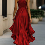 Midnight Elegance Satin Halter Ruffle Gown