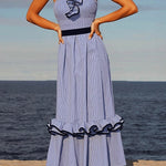 Striped Print Elegant Ruffle Trim Vacation Maxi Skirt