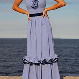 Striped Print Elegant Ruffle Trim Vacation Maxi Skirt