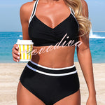 Stylish Color-blocked Striped High-waisted Two-piece Stretch Bikini Swimsuit