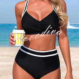 Stylish Color-blocked Striped High-waisted Two-piece Stretch Bikini Swimsuit