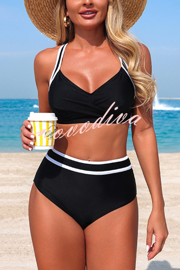 Stylish Color-blocked Striped High-waisted Two-piece Stretch Bikini Swimsuit
