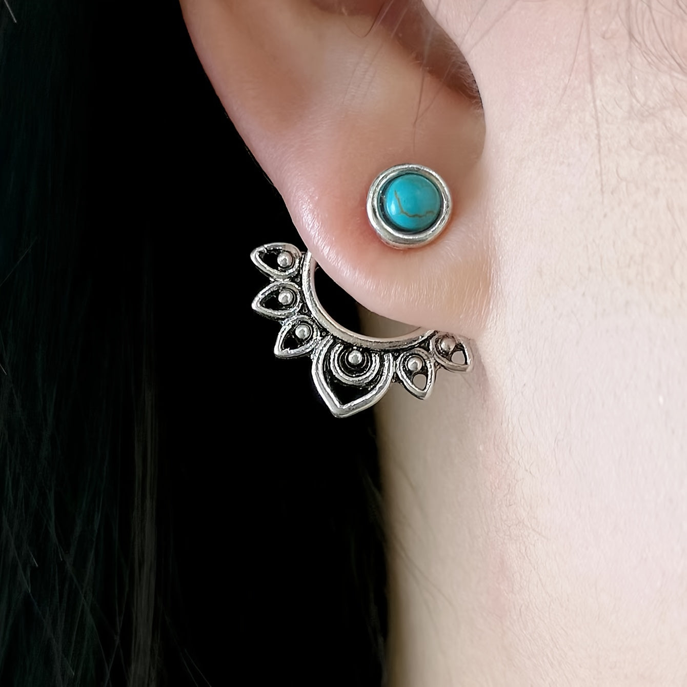 PENDIENTES TURQUESA MANDALA PLATA PLAQUÉ CLOU OREILLE
