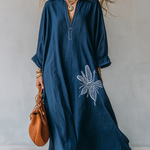 Retro Dragonfly Pattern Loose-fitting Dark Blue Dress