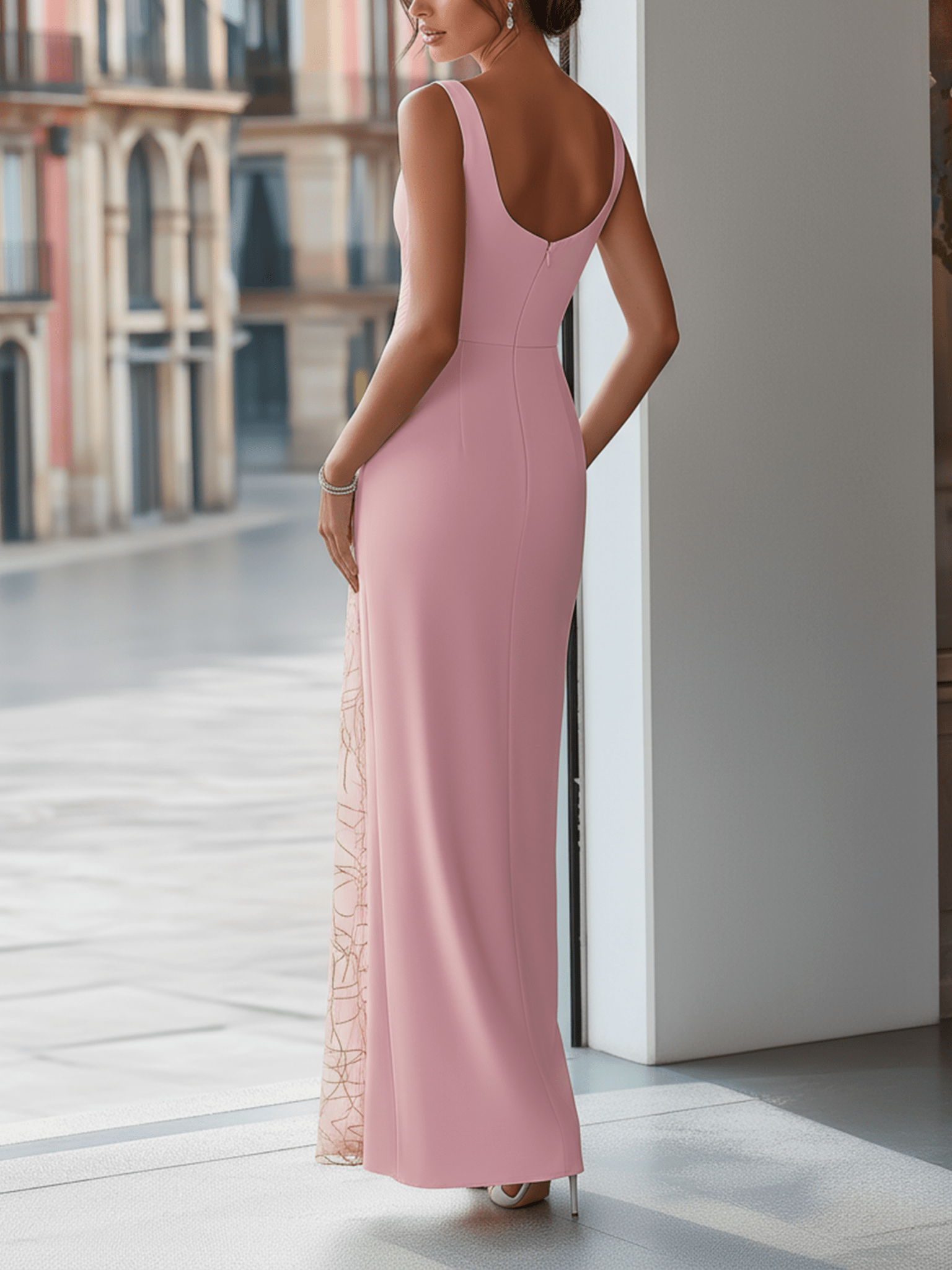 VESTIDO LARGO ROSA EMPOLVADO CON ESCOTE DRAPEADO - VALERINA MARBELLA