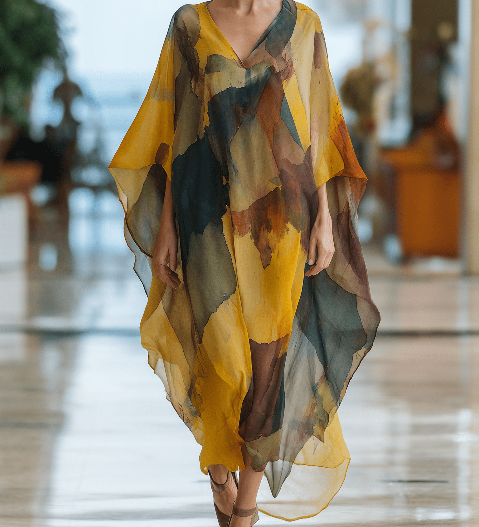 VESTIDO LARGO DE GASA ACUARELA EN TONOS ATARDECER TIPO COVER - UP - VALERINA MARBELLA