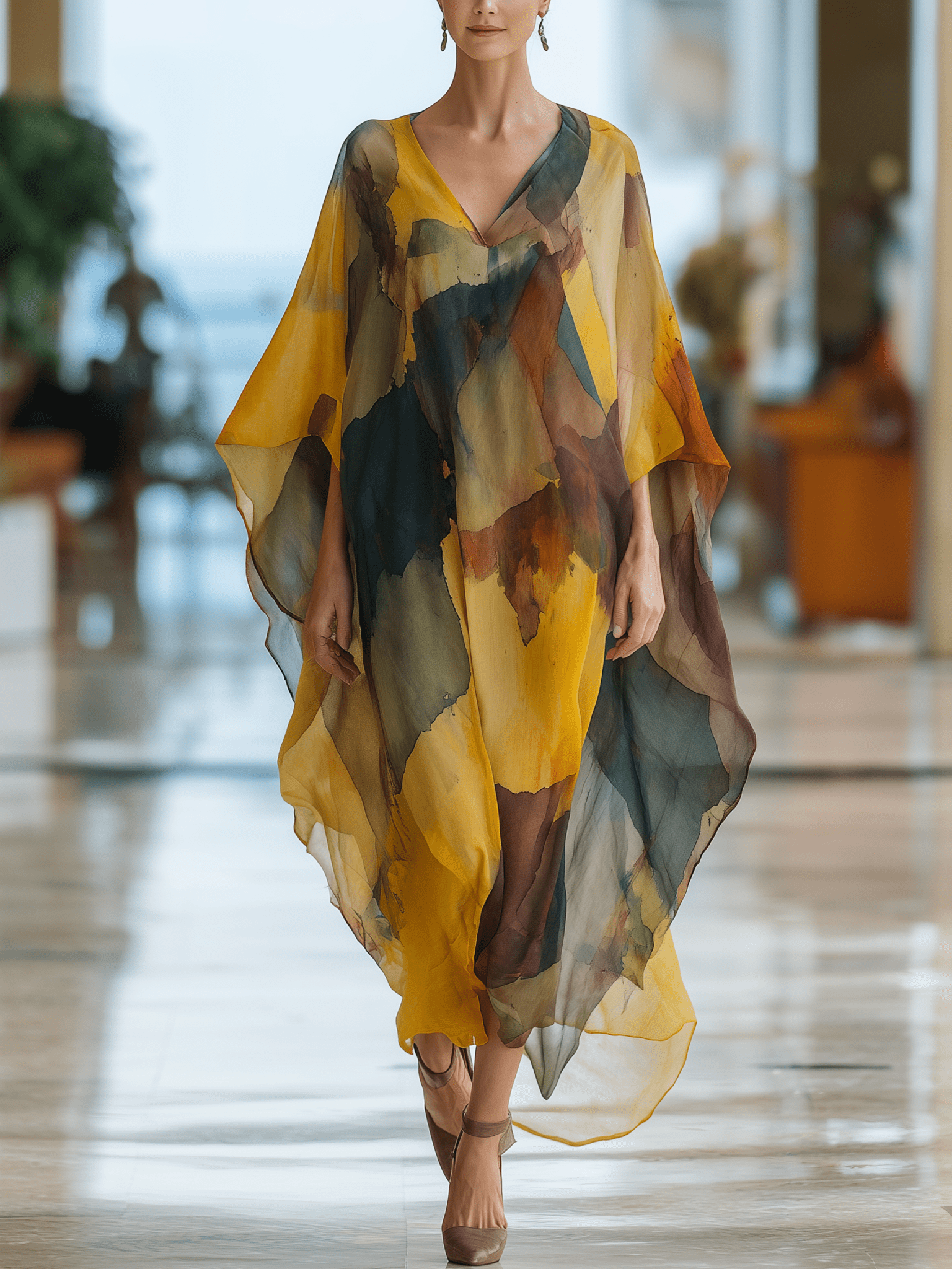 VESTIDO LARGO DE GASA ACUARELA EN TONOS ATARDECER TIPO COVER - UP - VALERINA MARBELLA