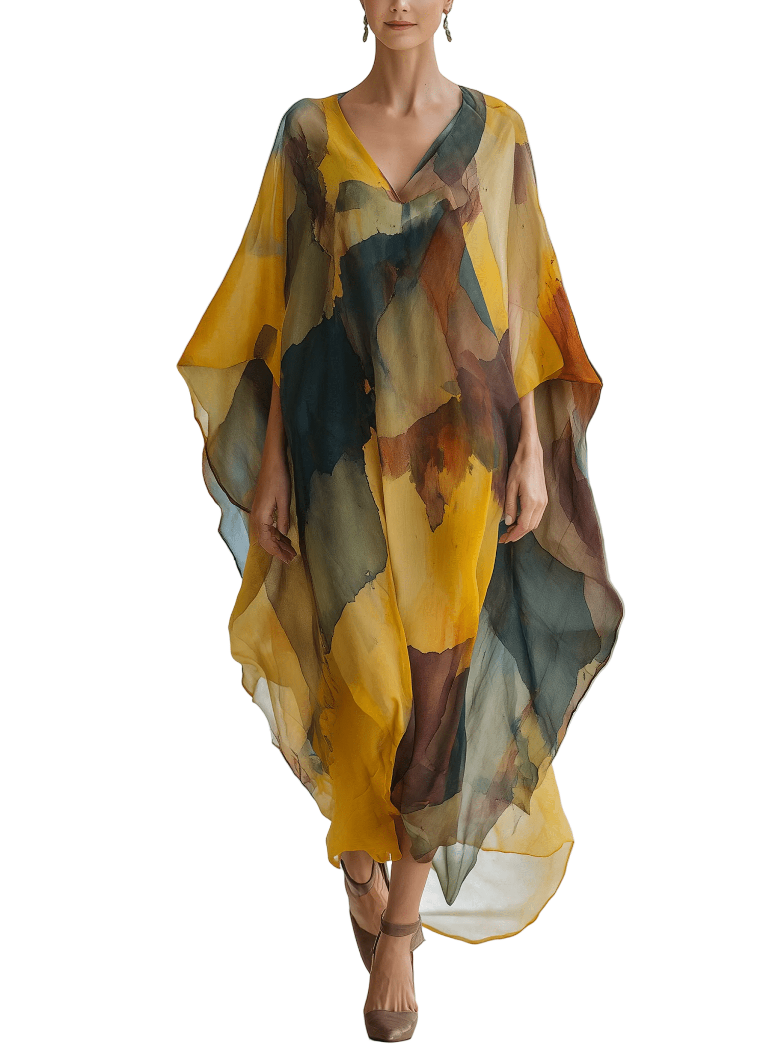 VESTIDO LARGO DE GASA ACUARELA EN TONOS ATARDECER TIPO COVER - UP - VALERINA MARBELLA