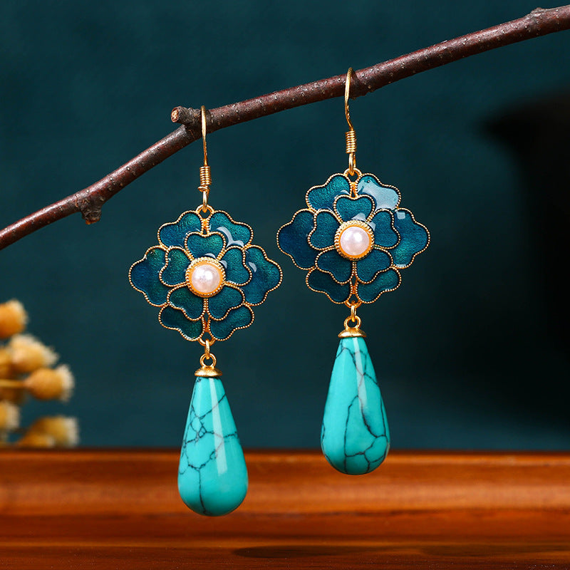 PENDIENTES ELEGANTE VINTAGE TURQUESA FLORAL DESIGN & PERLA GOTA
