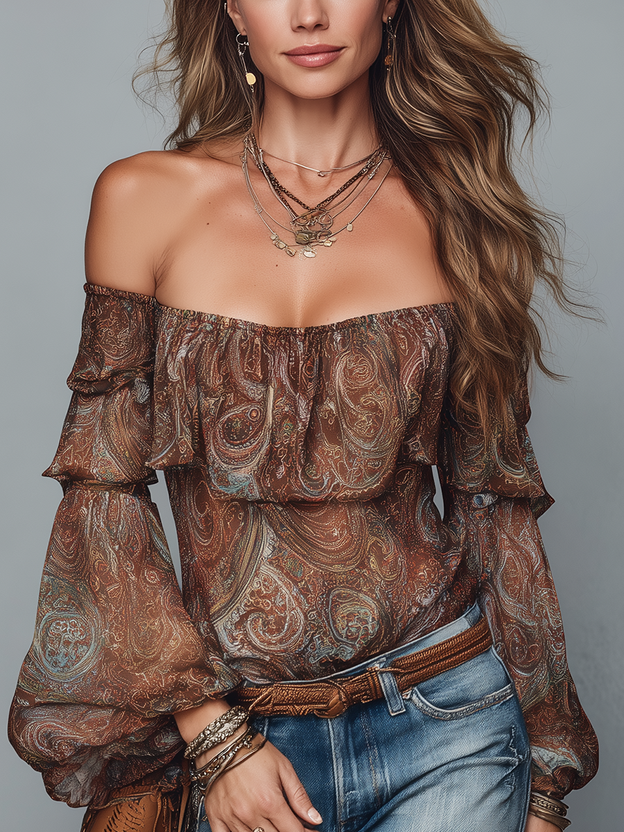 Bohemian Style Paisley Print Puff-sleeved Top