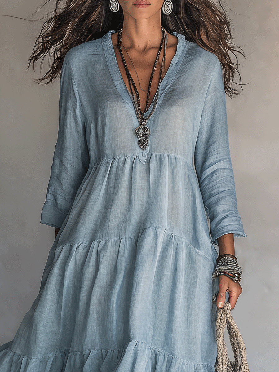 VESTIDO MAXI BOHO DE CAPAS EN AZUL SUAVE LAVADO - VALERINA MARBELLA