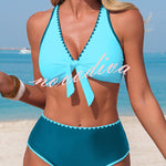 Stylish Color-blocked Trim High-waisted Two-piece Stretch Bikini Swimsuit