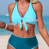 Stylish Color-blocked Trim High-waisted Two-piece Stretch Bikini Swimsuit