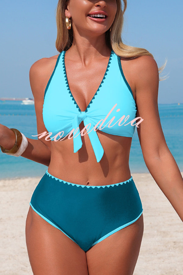 Stylish Color-blocked Trim High-waisted Two-piece Stretch Bikini Swimsuit