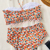 Floral Print Ruffled High-waisted Two-piece Stretch Bikini Swimsuit
