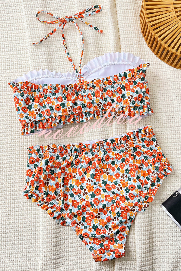 Floral Print Ruffled High-waisted Two-piece Stretch Bikini Swimsuit