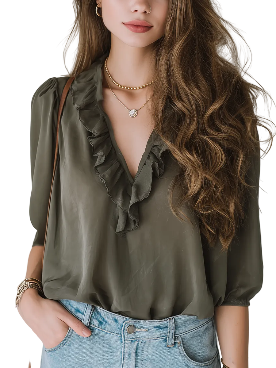 Casual Style Military Green V-neck Top With Ruffled Sleeves.