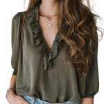 Casual Style Military Green V-neck Top With Ruffled Sleeves.