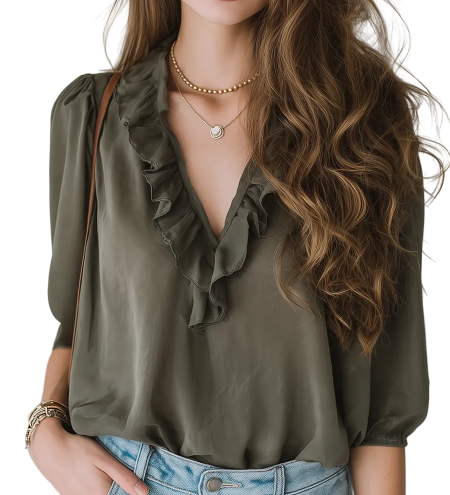 Casual Style Military Green V-neck Top With Ruffled Sleeves.