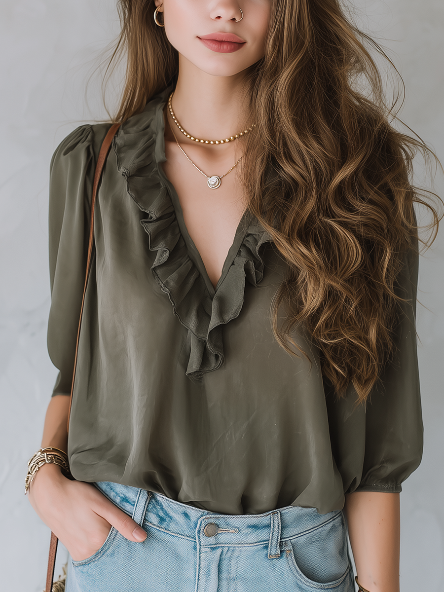 Casual Style Military Green V-neck Top With Ruffled Sleeves.