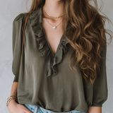 Casual Style Military Green V-neck Top With Ruffled Sleeves.