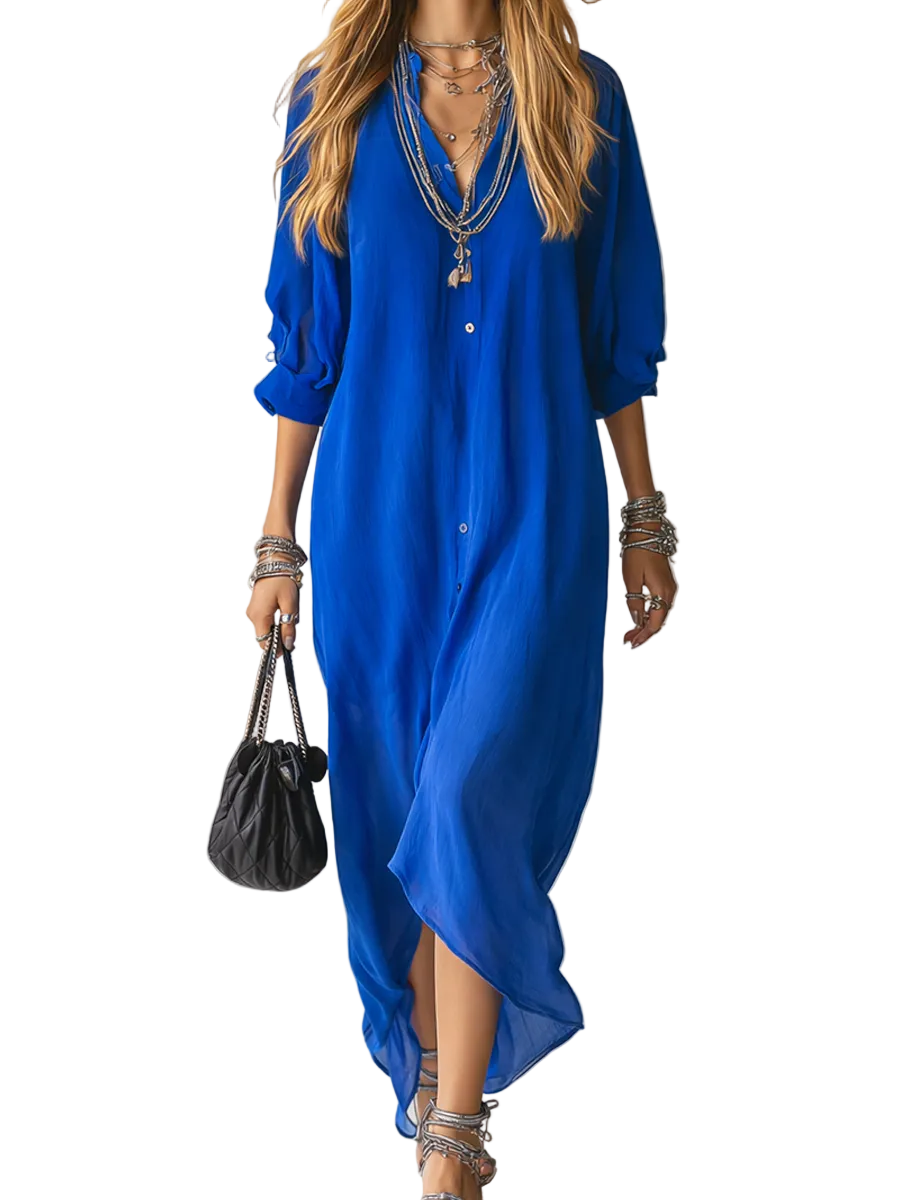 Midnight Blue French-style Relaxed Fit Shirt Dress