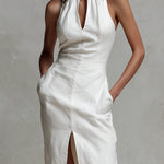 Bohemian Style Keyhole Neckline Denim Midi Dress With Side Slits