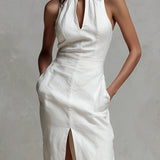 Bohemian Style Keyhole Neckline Denim Midi Dress With Side Slits