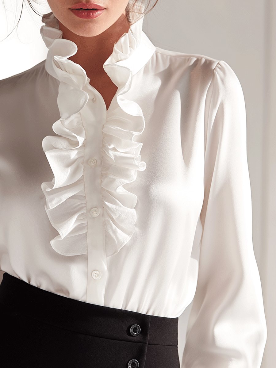 Classic White Ruffle Neck Button-Up Blouse