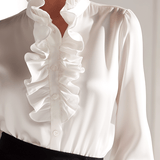 Classic White Ruffle Neck Button-Up Blouse